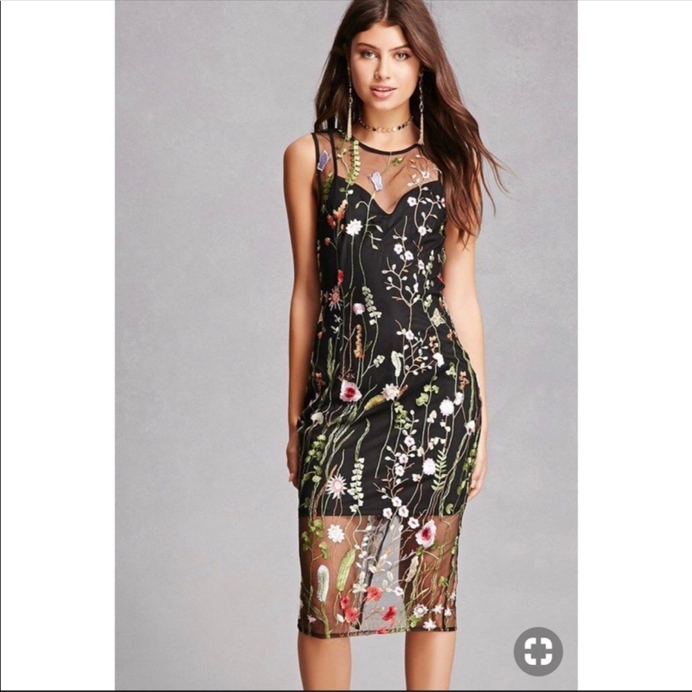 Embroidered Floral Black Midi Dress